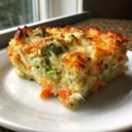 A square slice of Cheesy Veggie Quinoa Casserole showing quinoa, broccoli, and carrots, topped with melted, browned cheese.