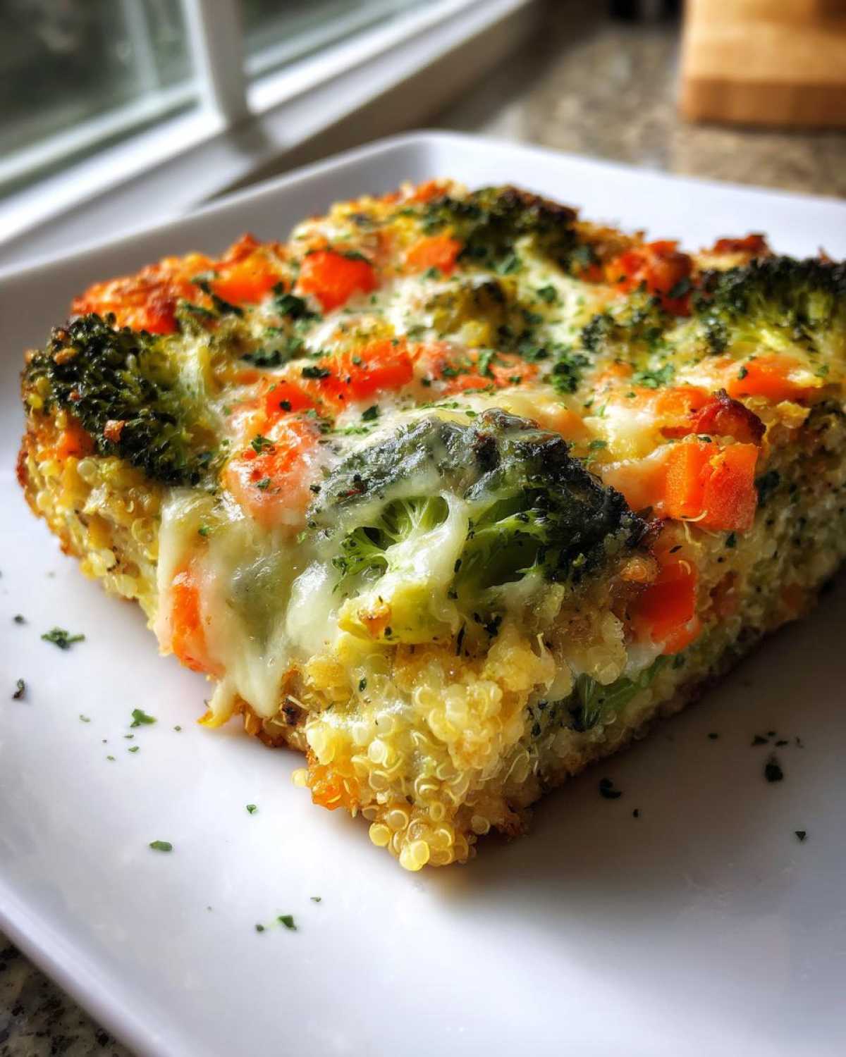 A close-up of a square slice of Cheesy Veggie Quinoa Casserole topped with melted cheese, bright orange carrots, and green broccoli florets.