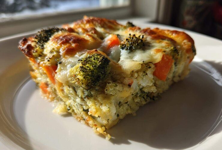 A close-up slice of Cheesy Veggie Quinoa Casserole featuring visible quinoa, bright orange carrots, and browned broccoli florets under melted cheese.