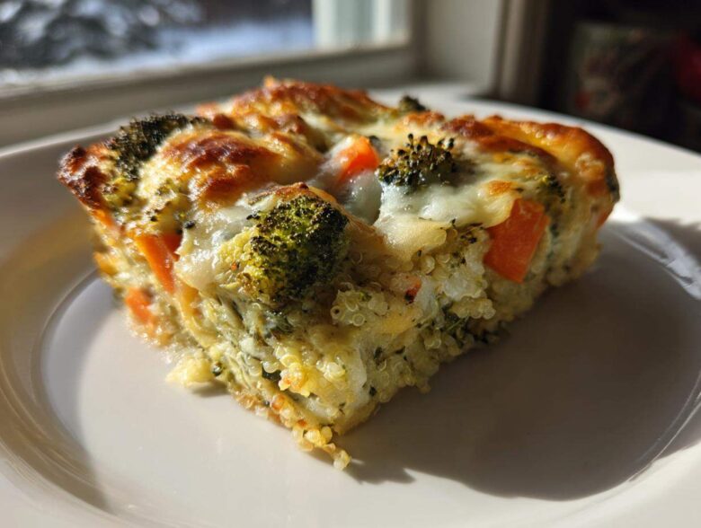 A close-up slice of Cheesy Veggie Quinoa Casserole featuring visible quinoa, bright orange carrots, and browned broccoli florets under melted cheese.