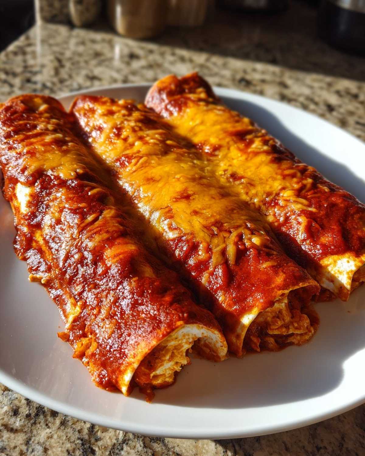 Three rolled chicken enchiladas covered in rich red sauce and melted orange cheddar cheese on a white plate.