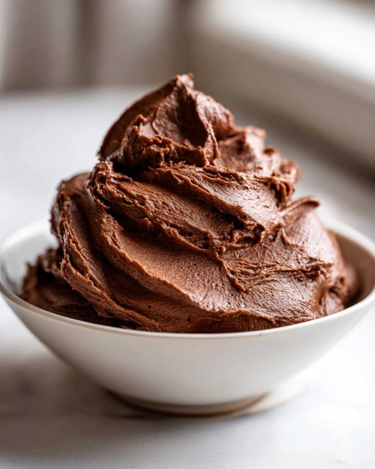A close-up of rich, dark Chocolate Buttercream Frosting swirled high in a small white bowl.