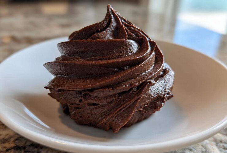 A perfect swirl of rich, dark Chocolate Buttercream Frosting piped onto a small white plate.