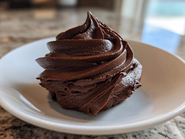 A perfect swirl of rich, dark Chocolate Buttercream Frosting piped onto a small white plate.