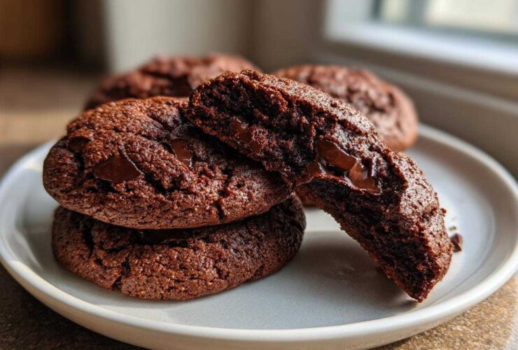 A stack of rich, dark Chocolate Chocolate Chip Cookies with one broken open to show the gooey, melted chocolate center.