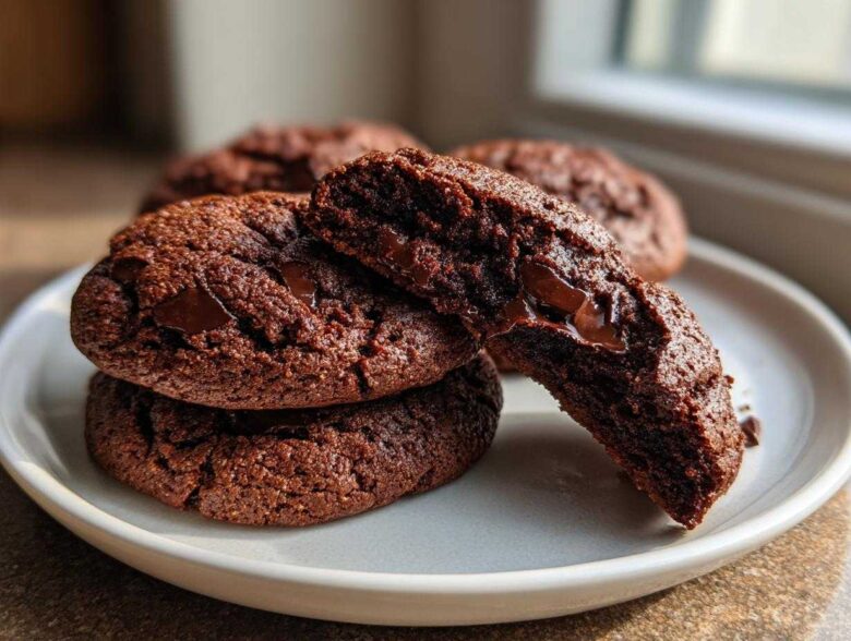 A stack of rich, dark Chocolate Chocolate Chip Cookies with one broken open to show the gooey, melted chocolate center.
