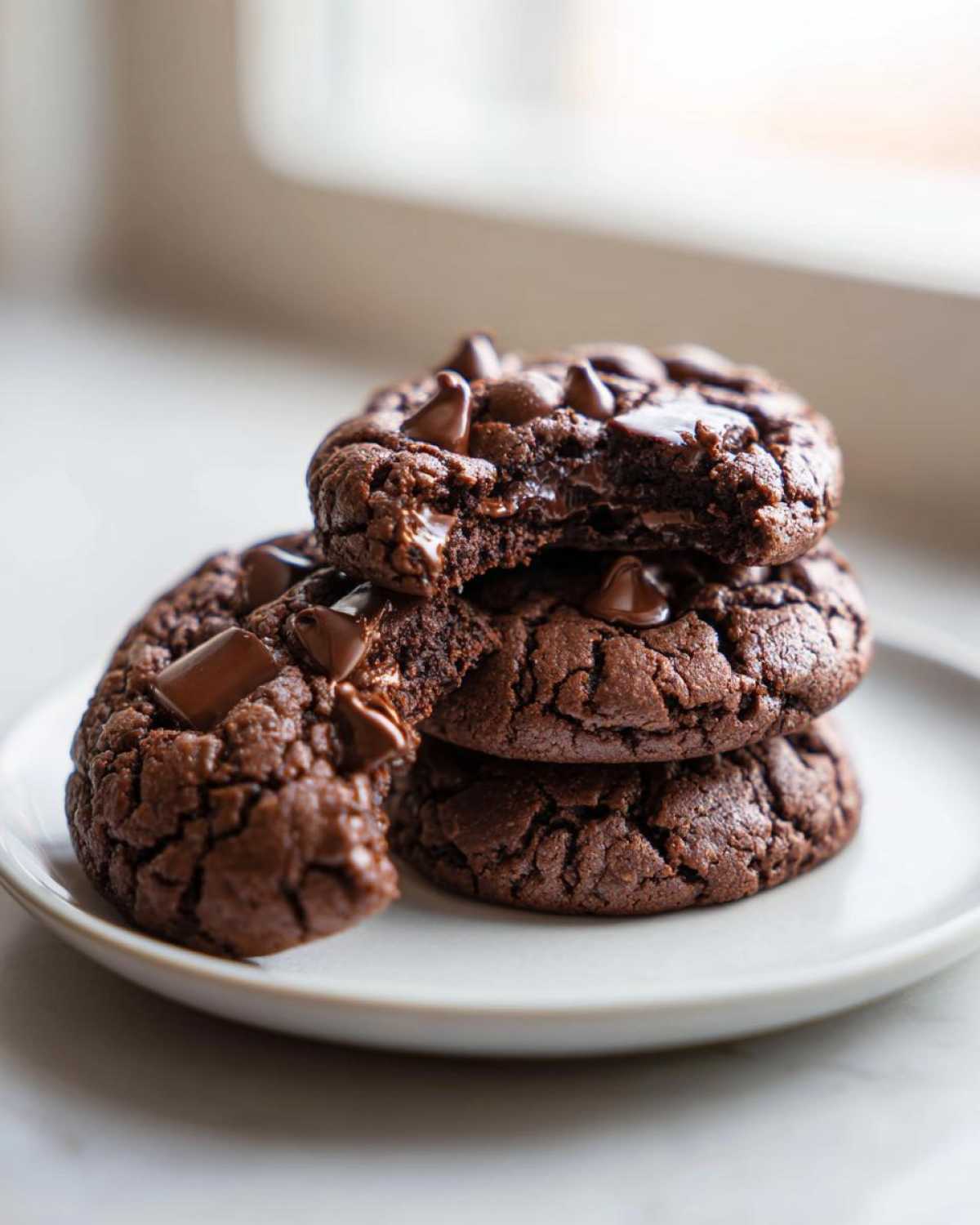 A stack of three rich, dark Chocolate Chocolate Chip Cookies, one broken open to show melted chocolate.