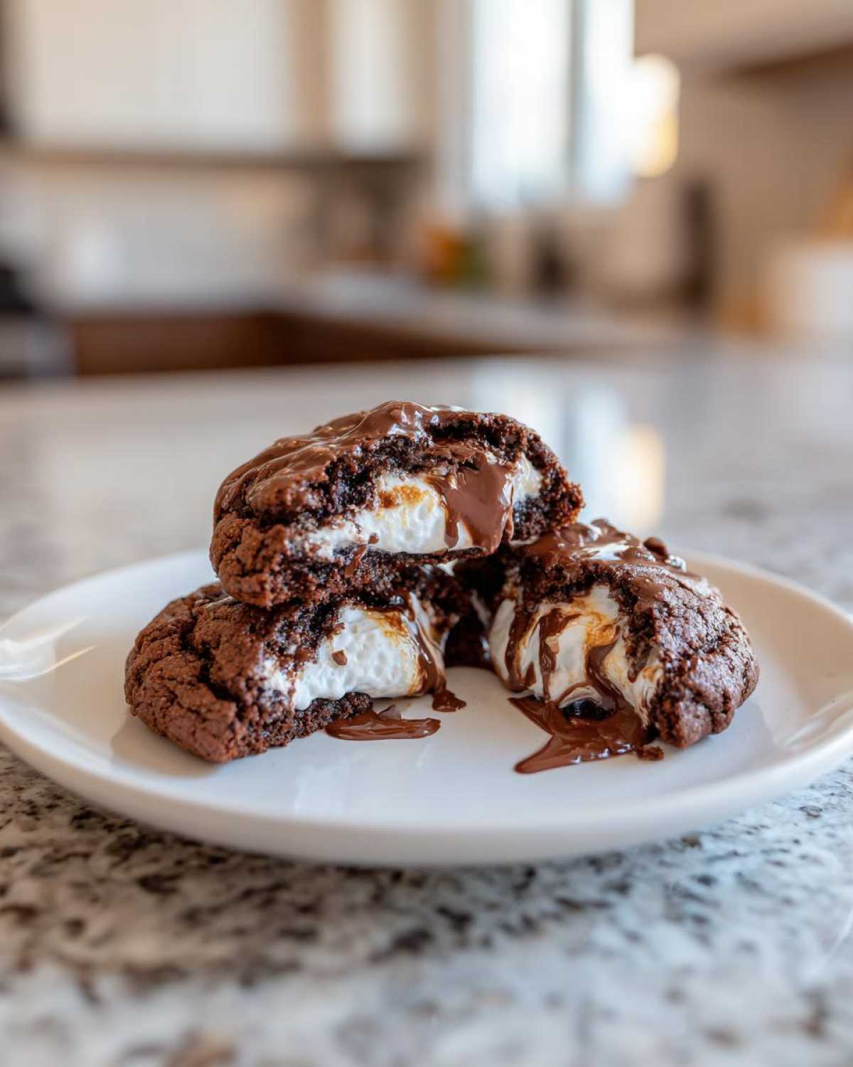 Two halves of a Chocolate Marshmallow Swirl Cookie stacked, showing gooey melted marshmallow center and chocolate drizzle.