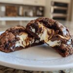 Two halves of a rich Chocolate Marshmallow Swirl Cookie showing melted marshmallow and chocolate filling.