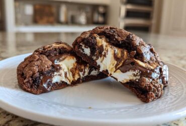 Two halves of a rich Chocolate Marshmallow Swirl Cookie showing melted marshmallow and chocolate filling.