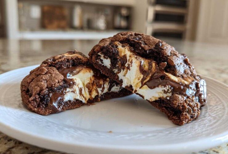 Two halves of a rich Chocolate Marshmallow Swirl Cookie showing melted marshmallow and chocolate filling.