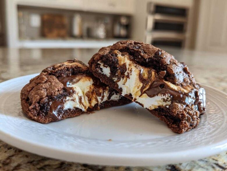Two halves of a rich Chocolate Marshmallow Swirl Cookie showing melted marshmallow and chocolate filling.