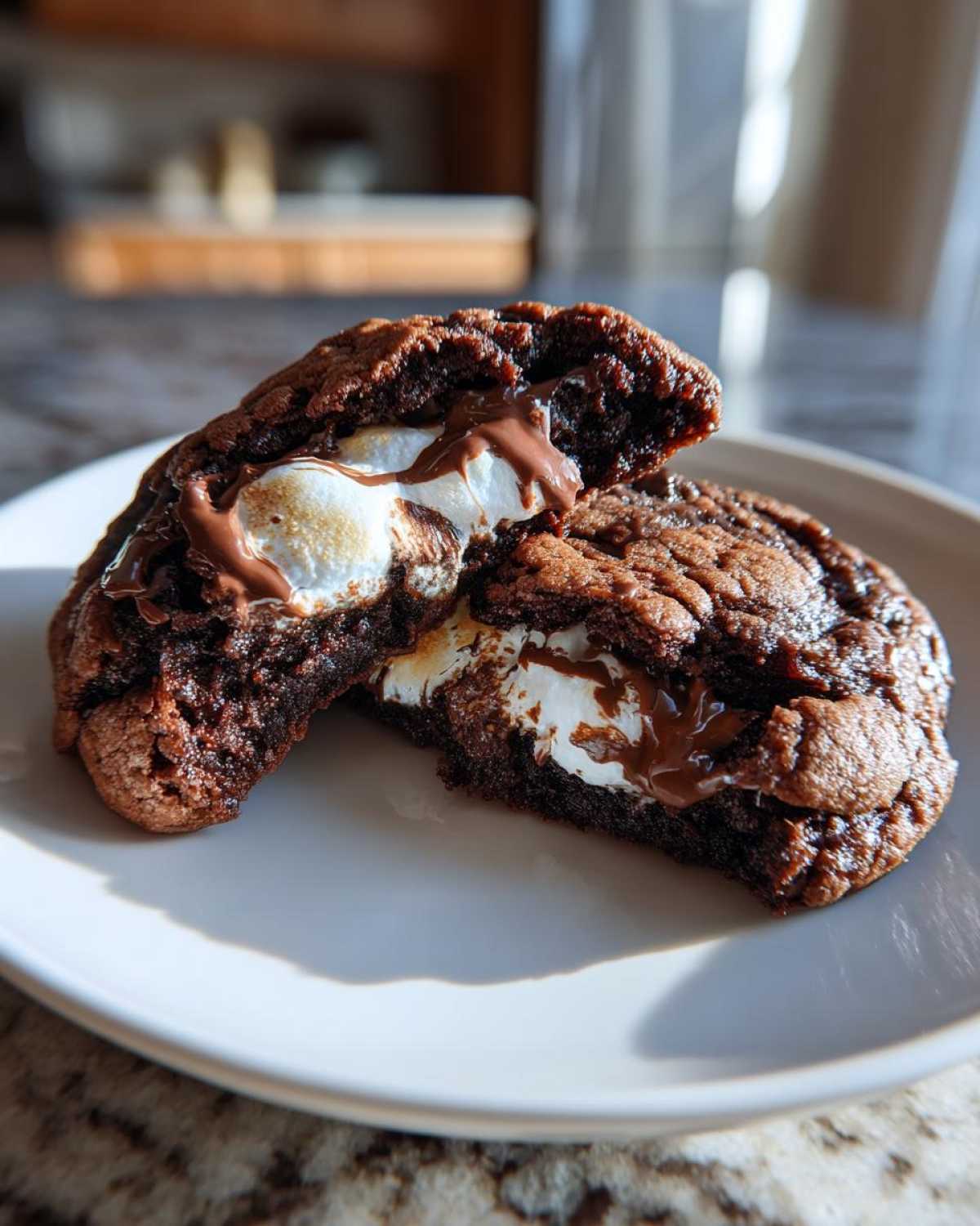 A close-up of a Chocolate Marshmallow Swirl Cookies broken in half, showing melted chocolate and gooey marshmallow filling.