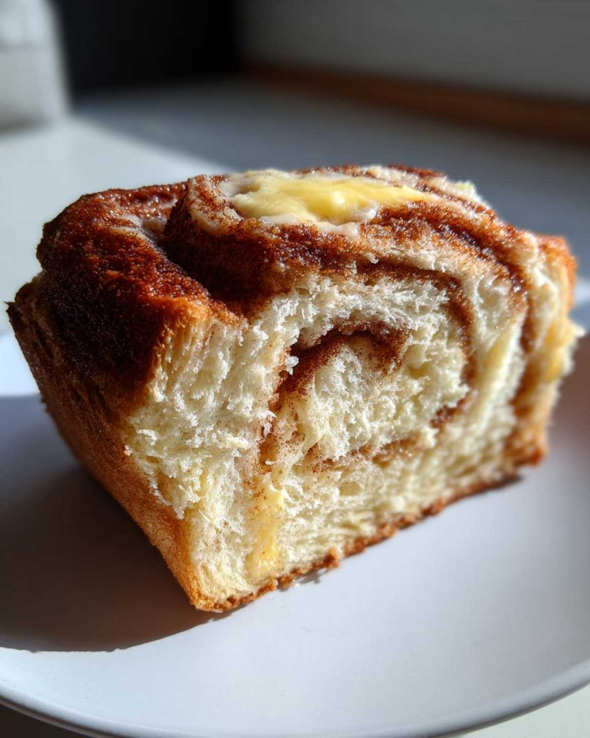 Close-up of a soft slice of Cinnamon Swirl Bread Butter showing the swirl pattern and melting butter on top.