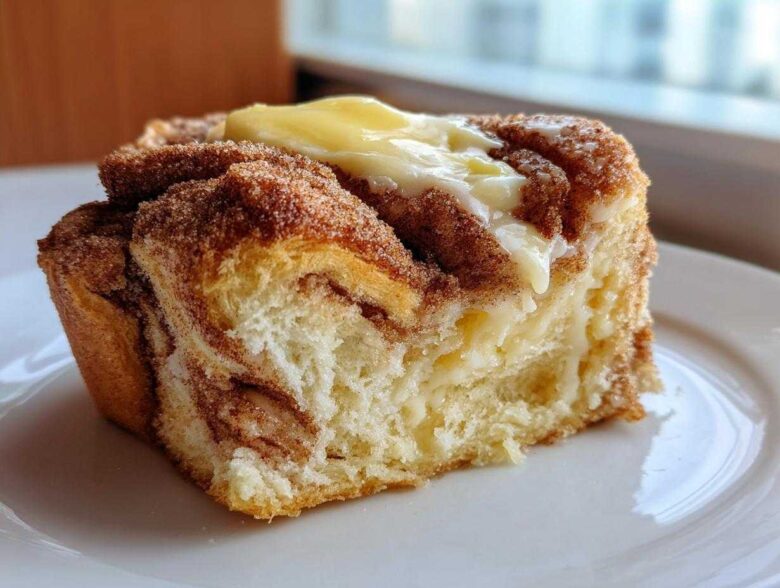 A close-up of a slice of Cinnamon Swirl Bread Butter showing the soft interior and melting butter on top.