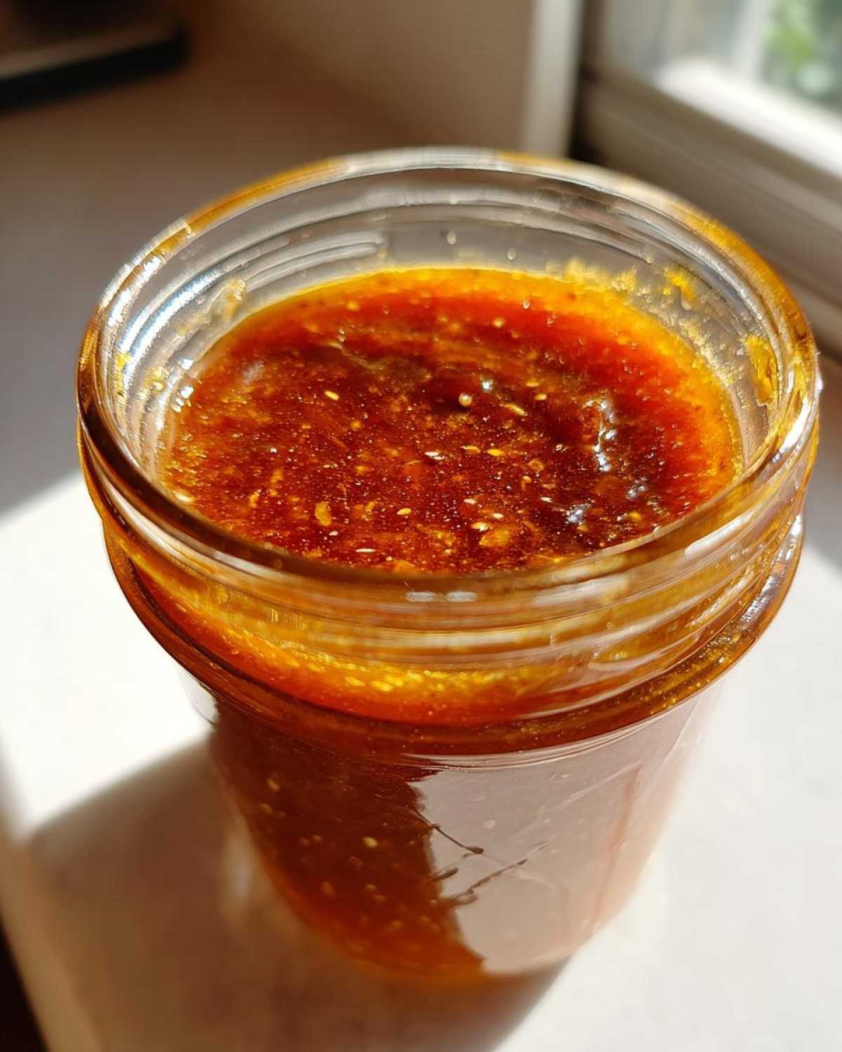 Close-up of rich, amber Copycat Apple Cider Vinaigrette filling a small glass jar, catching sunlight.