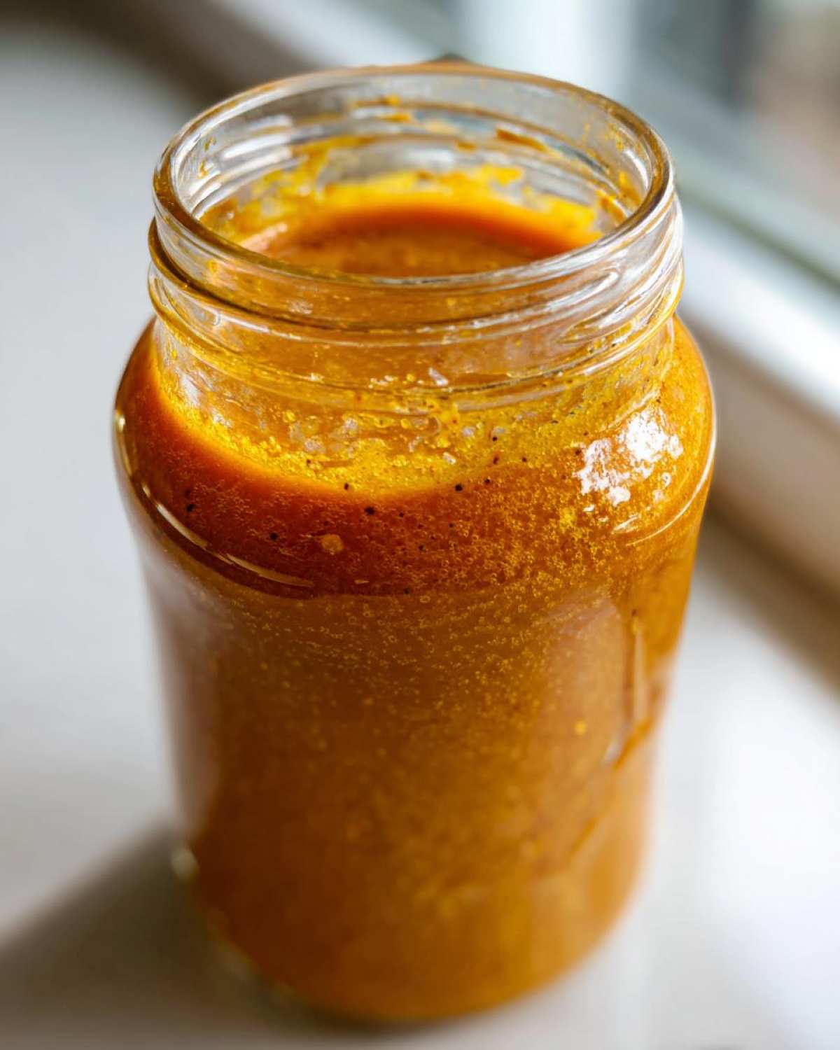A close-up of freshly blended Copycat Apple Cider Vinaigrette, vibrant orange-yellow, filling a clear glass jar.