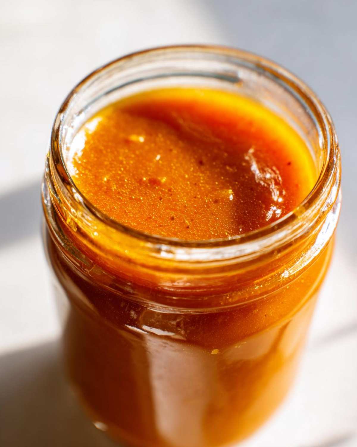 Close-up overhead shot of thick, orange-hued Copycat Apple Cider Vinaigrette stored in a clear glass jar.