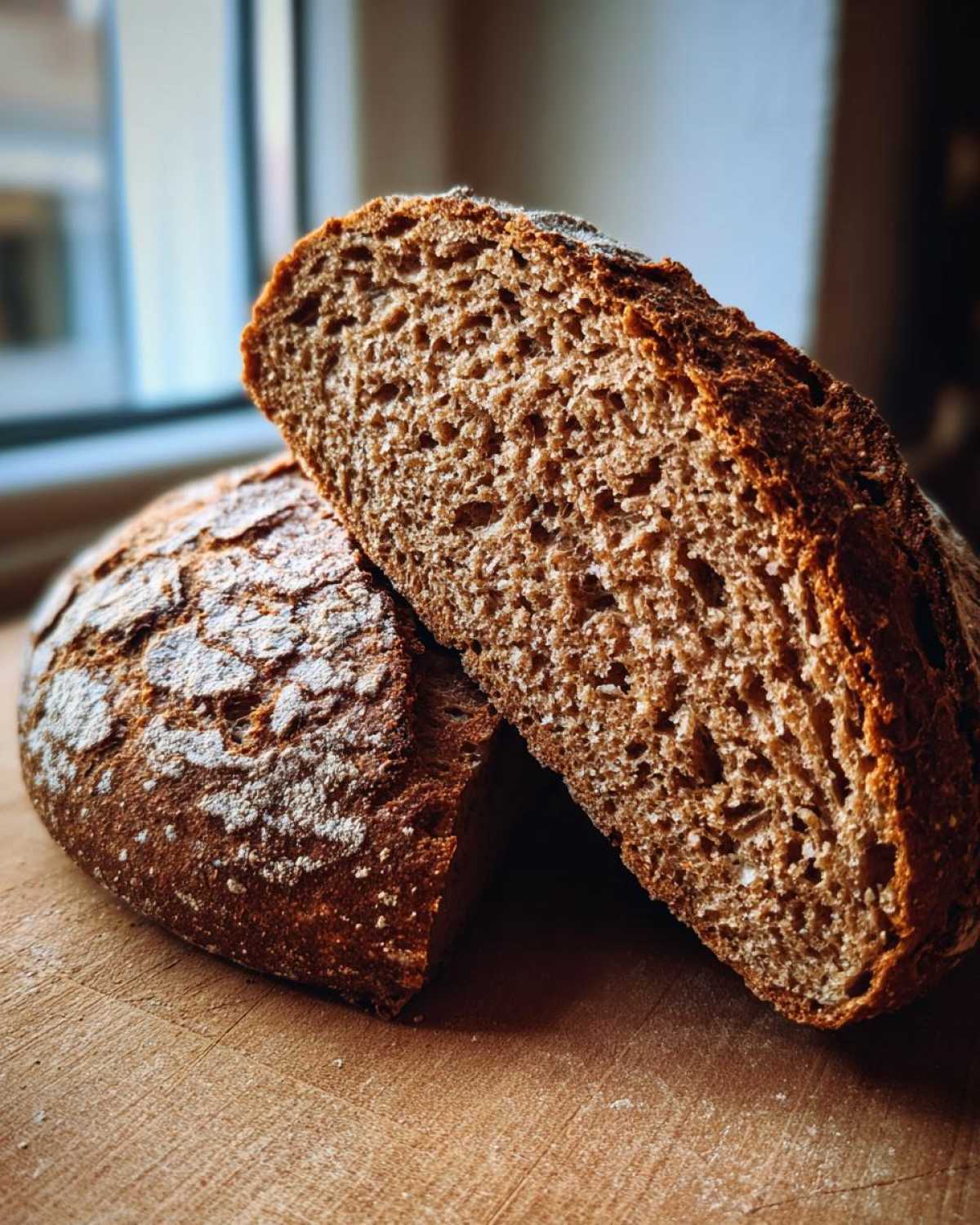 Cross-section view showing the moist, dark crumb structure of the Copycat Dark Brown Honey Wheat Bread.
