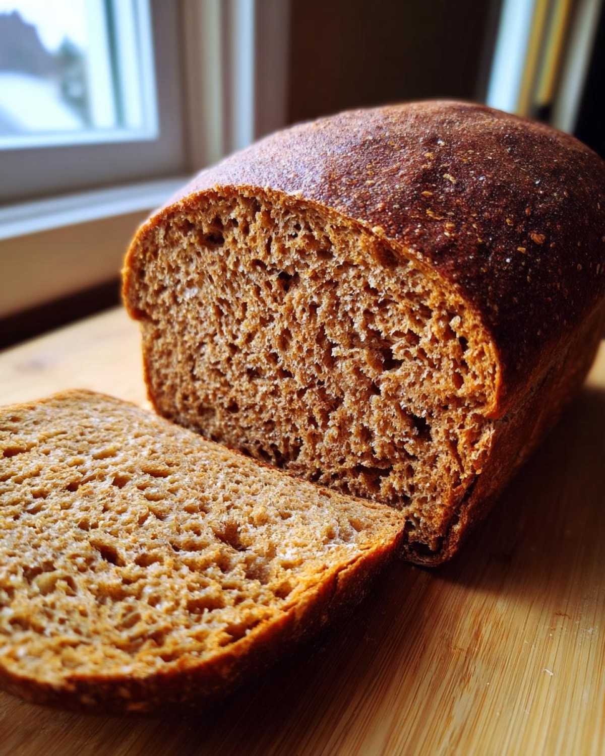 Close-up of a loaf of Copycat Dark Brown Honey Wheat Bread, sliced to show the moist, dark brown interior crumb.