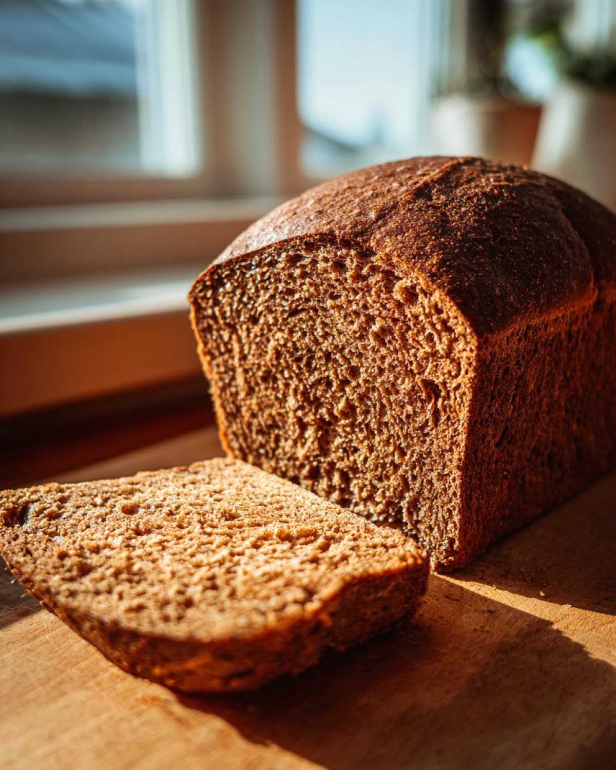 A loaf of dark brown honey wheat bread with one thick slice cut and resting beside it on a wooden board.