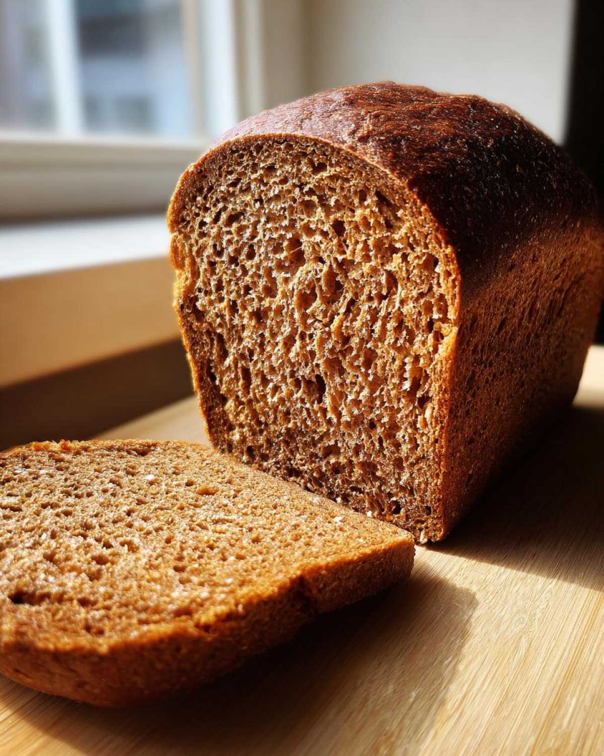 A freshly baked loaf of Copycat Dark Brown Honey Wheat Bread, partially sliced on a wooden cutting board.