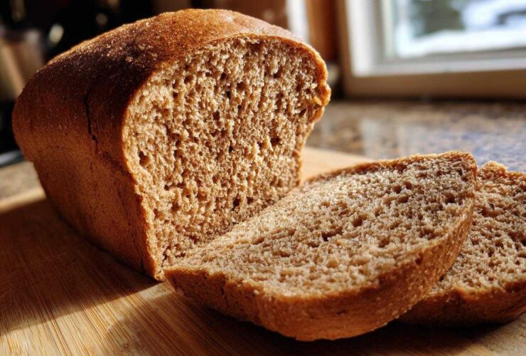 A loaf of freshly baked Copycat Dark Brown Honey Wheat Bread, partially sliced on a wooden board, highlighted by sunlight.