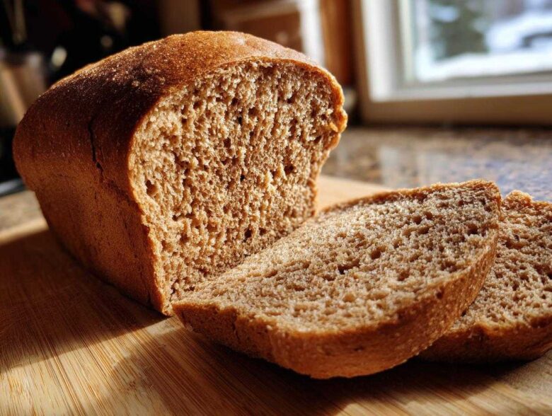 A loaf of freshly baked Copycat Dark Brown Honey Wheat Bread, partially sliced on a wooden board, highlighted by sunlight.
