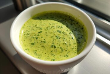 Close-up of vibrant green Copycat Green Goddess Ranch Dressing speckled with herbs in a small white ramekin.