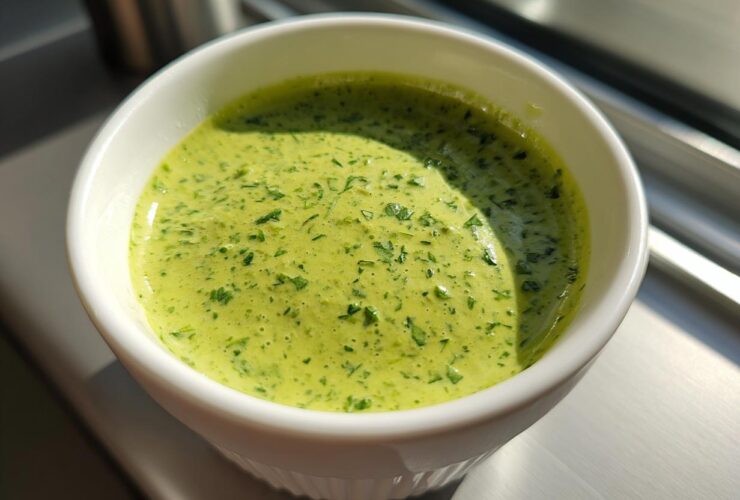 Close-up of vibrant green Copycat Green Goddess Ranch Dressing speckled with herbs in a small white ramekin.
