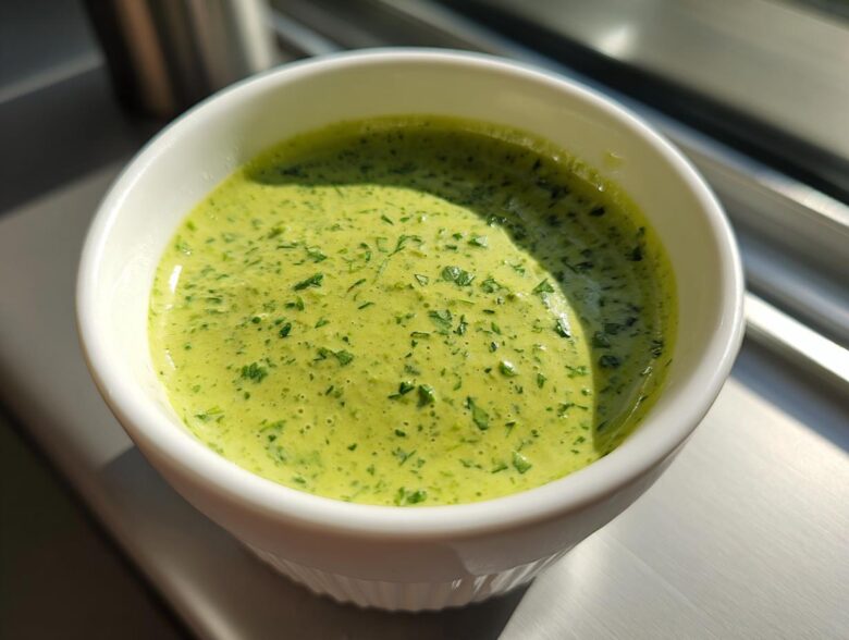 Close-up of vibrant green Copycat Green Goddess Ranch Dressing speckled with herbs in a small white ramekin.