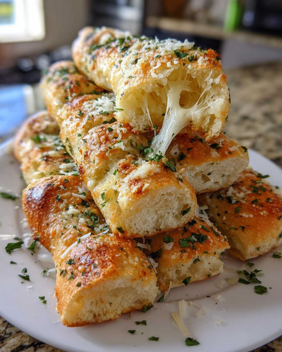 A stack of soft, cheesy Copycat Italian Restaurant Soft Garlic Breadsticks pulled apart showing a cheese stretch.