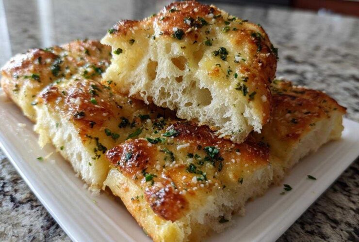 Close-up of soft, fluffy Copycat Italian Restaurant Soft Garlic Breadsticks, topped with melted butter, Parmesan, and parsley.