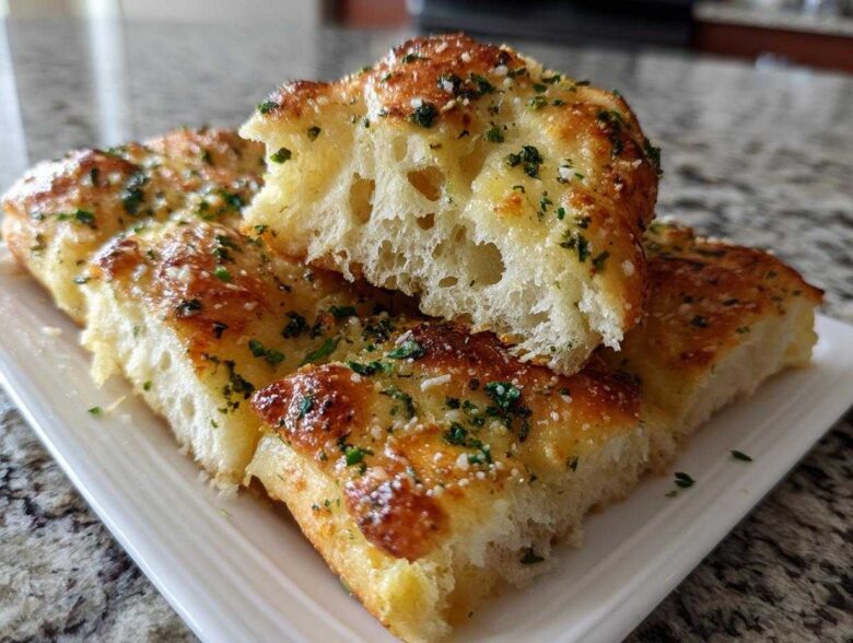 Close-up of soft, fluffy Copycat Italian Restaurant Soft Garlic Breadsticks, topped with melted butter, Parmesan, and parsley.