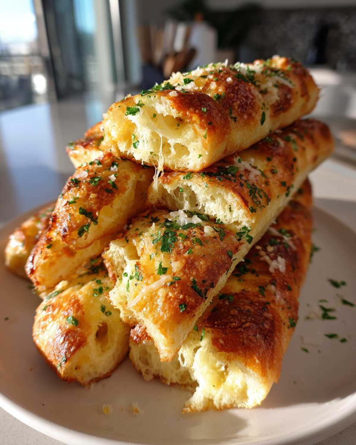 A stack of golden brown Copycat Italian Restaurant Soft Garlic Breadsticks, topped with melted cheese and parsley.