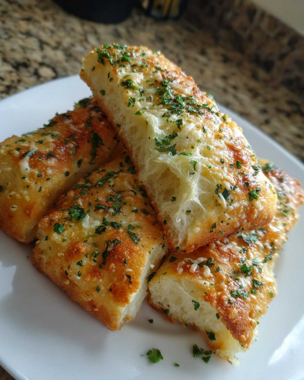 Close-up of soft, fluffy Copycat Italian Restaurant Soft Garlic Breadsticks topped with melted cheese and fresh parsley.