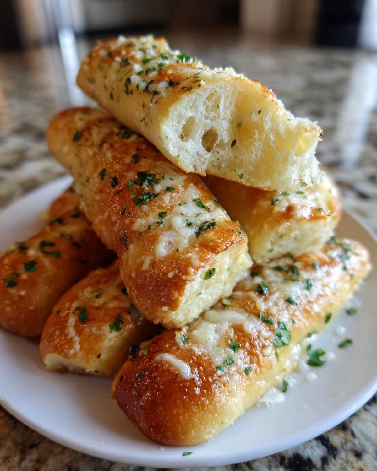 A stack of Copycat Italian Restaurant Soft Garlic Breadsticks topped with melted cheese and fresh parsley.