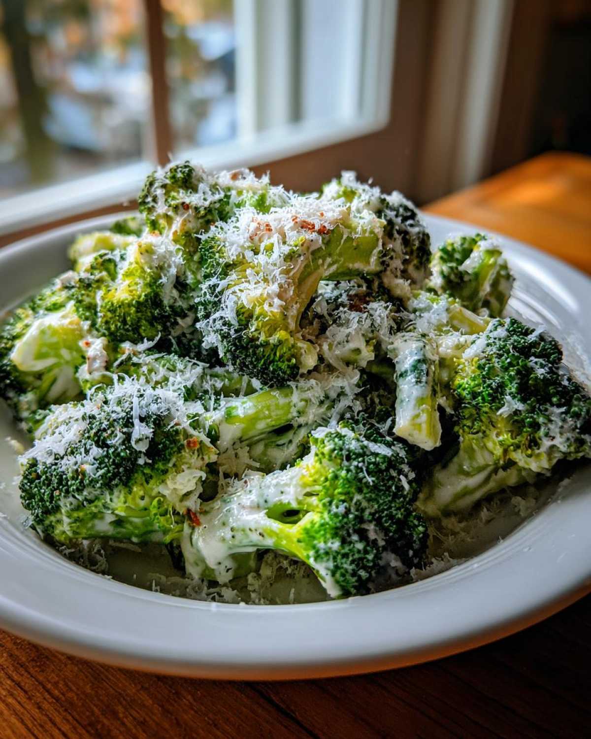 Close-up of bright green broccoli florets coated in a creamy sauce and topped generously with grated Parmesan cheese, resembling Copycat Longhorn Garlic Parmesan Broccoli.