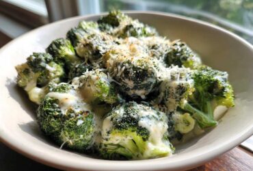 A close-up of Copycat Longhorn Garlic Parmesan Broccoli florets coated in a creamy sauce and topped with grated cheese.