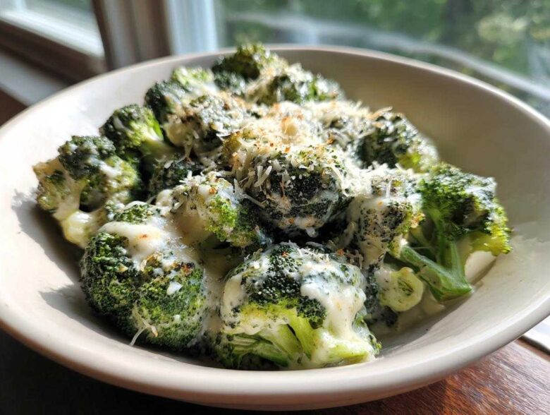 A close-up of Copycat Longhorn Garlic Parmesan Broccoli florets coated in a creamy sauce and topped with grated cheese.