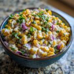 Close-up of a vibrant bowl filled with Copycat Mexican Grill Corn Salsa, featuring corn, red onion, and creamy dressing.