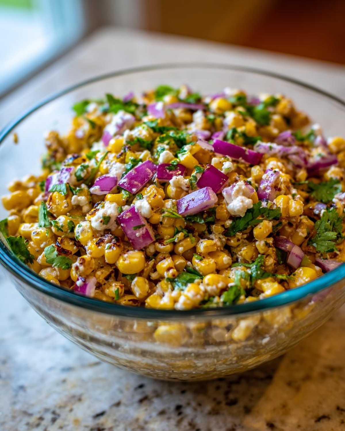 Close-up of vibrant Copycat Mexican Grill Corn Salsa featuring charred corn, red onion, and cotija cheese in a clear glass bowl.