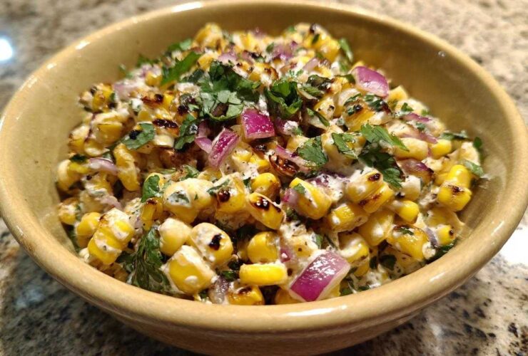 A close-up view of creamy, charred corn kernels mixed with red onion and cilantro, representing the Copycat Mexican Grill Corn Salsa.