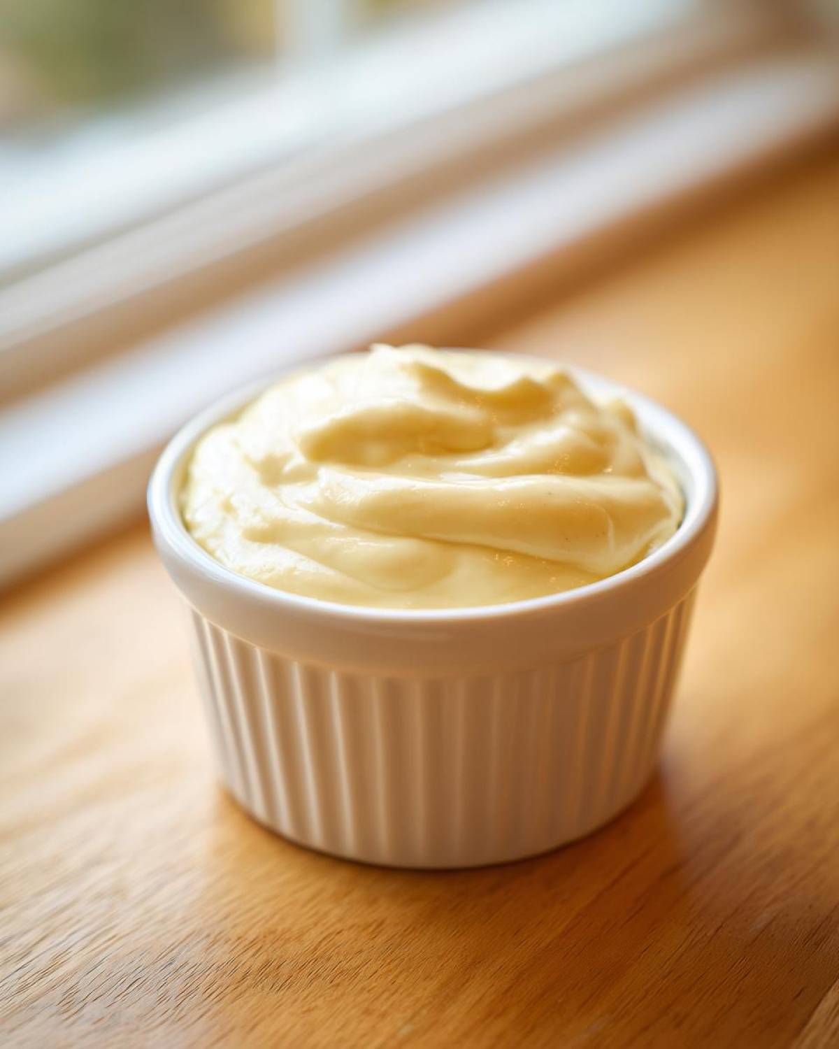 A small white ramekin filled with creamy Copycat Pizza Garlic Parmesan Dip Sauce, set on a wooden surface.