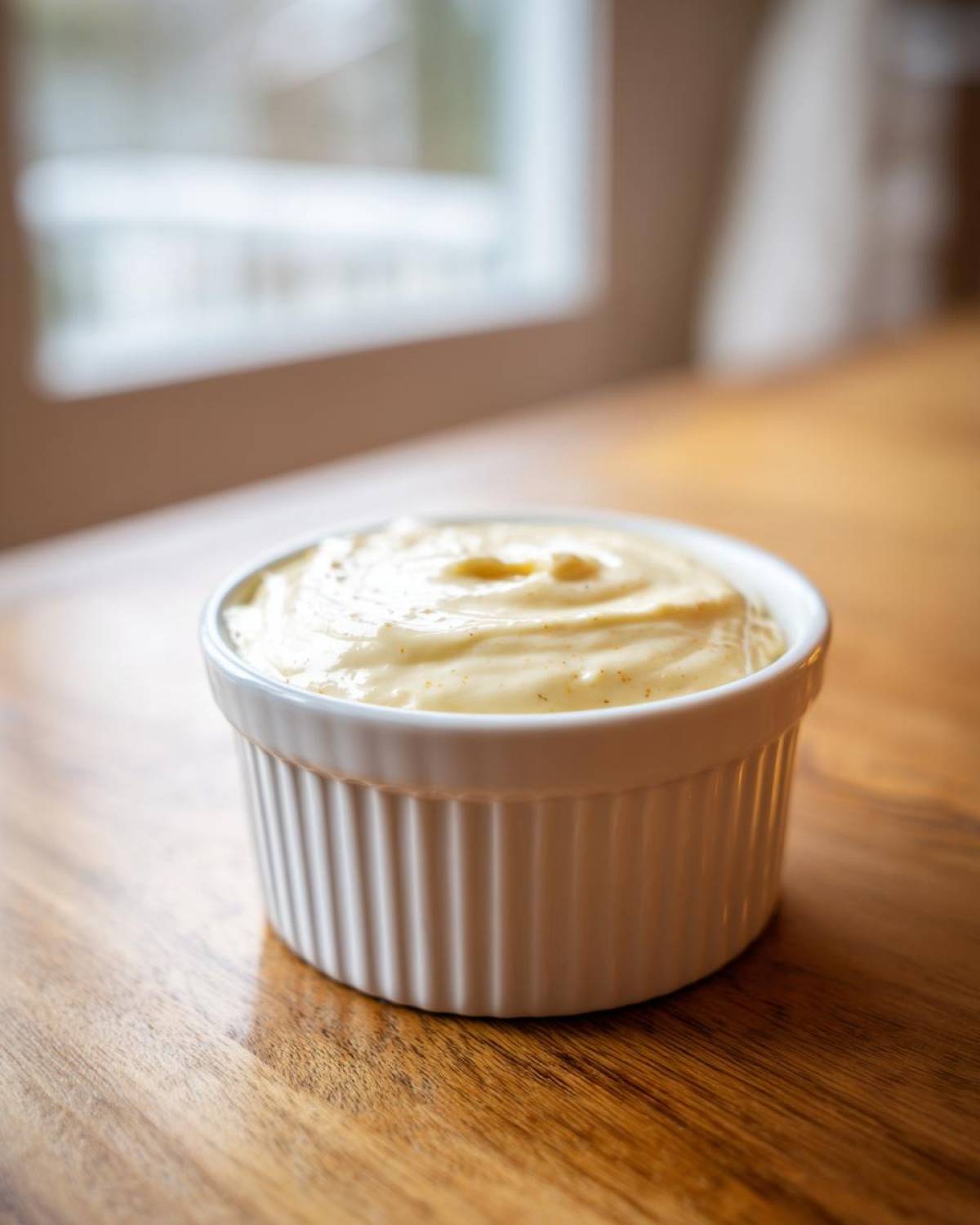 A small white ramekin filled with creamy Copycat Pizza Garlic Parmesan Dip Sauce, sitting on a wooden table.