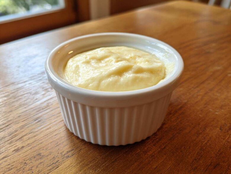 A small white ramekin filled with creamy Copycat Pizza Garlic Parmesan Dip Sauce on a wooden table.