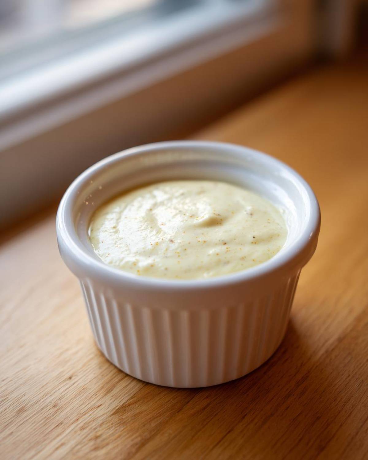 A small white ramekin filled with creamy Copycat Pizza Garlic Parmesan Dip Sauce, resting on a wooden surface.