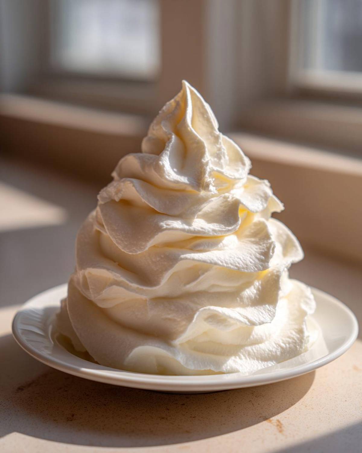 A tall, perfectly piped swirl of thick, white Cream Cheese Frosting sitting on a small white saucer, highlighted by natural light.