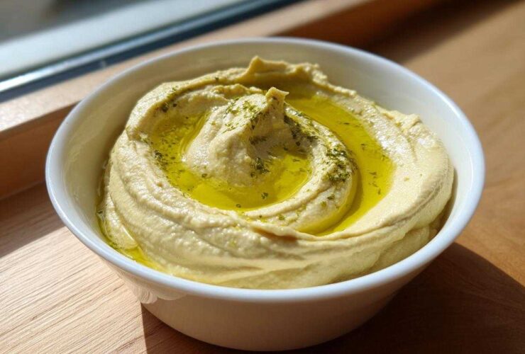 A close-up of creamy, light yellow hummus in a white bowl, topped with a swirl of olive oil and sprinkled herbs.