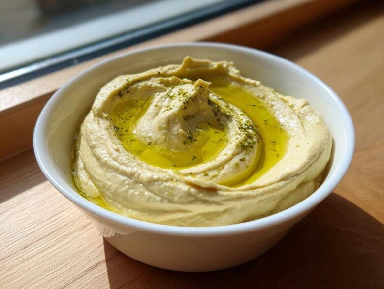 A close-up of creamy, light yellow hummus in a white bowl, topped with a swirl of olive oil and sprinkled herbs.